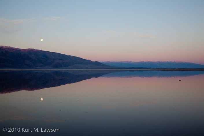 Setting moon, Panamints, Cottonwoods and reflections