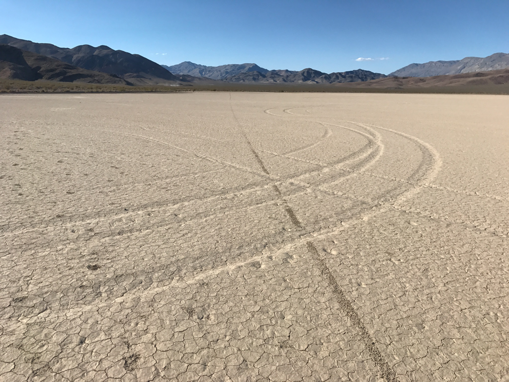 Fresh looking motorcycle track crosses the older car tracks along with many footprints