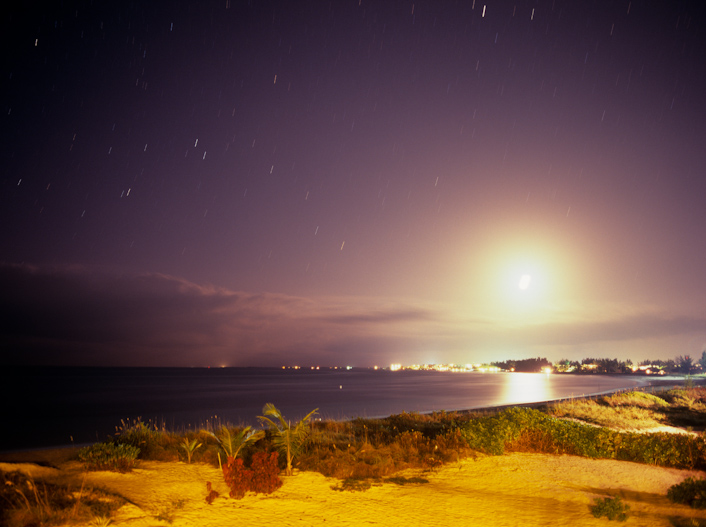 Star Trails over Providenciales with half Moon, Turks and Caicos Islands November 2006