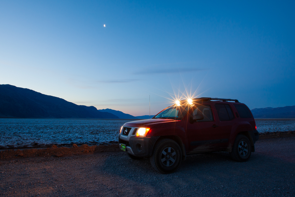 red nissan xterra in death valley
